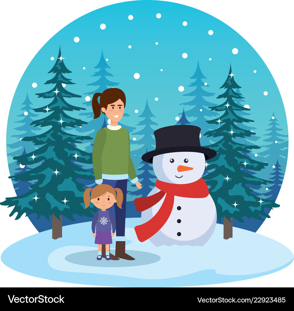 Mother and daughter with snowman in snowscape Mother and daughter with snowman in snowscape vector image