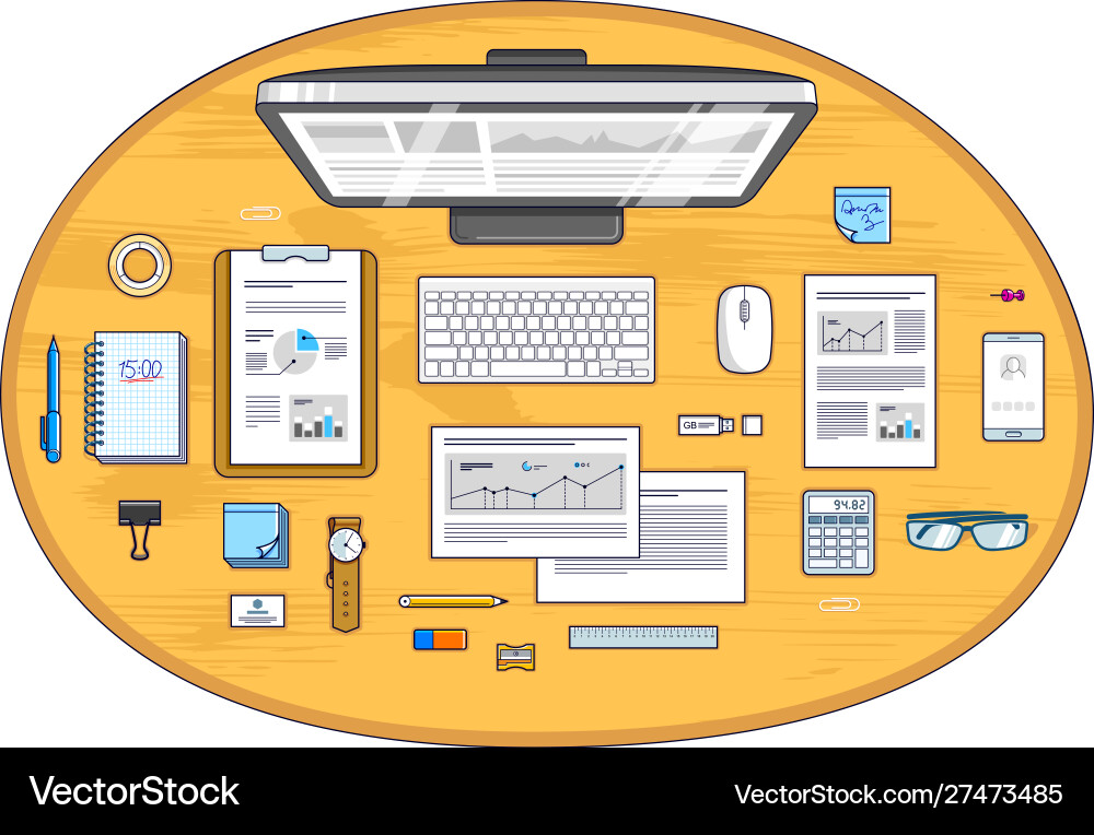 Office desk workspace top view with pc computer Office desk workspace top view with pc computer vector image