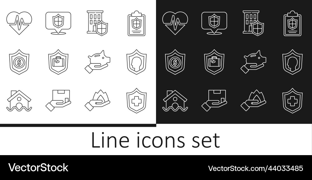 Set line health insurance life with shield house Set line health insurance life with shield house vector image