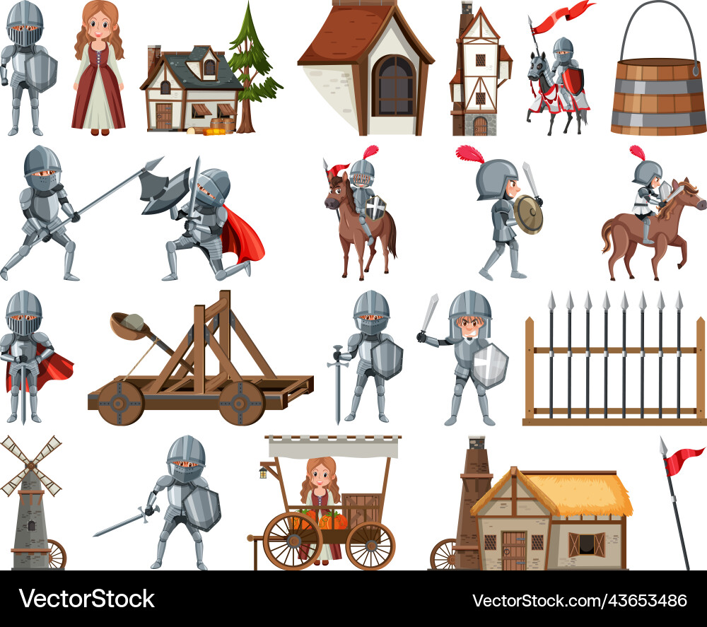 Medieval cartoon characters and objects vector image