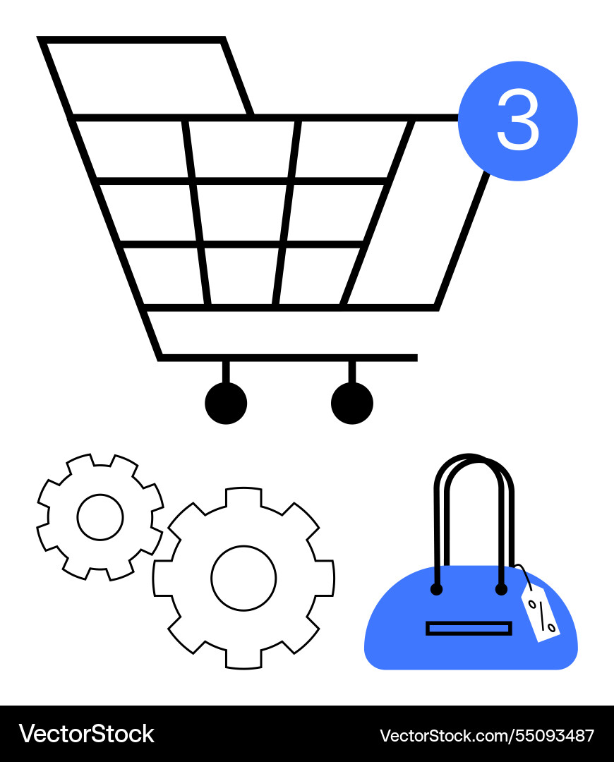 E-commerce shopping cart with item count gears E-commerce shopping cart with item count gears Vector Image