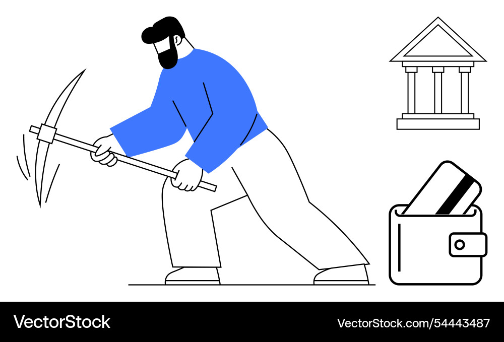 Man mining with pickaxe near bank building vector image
