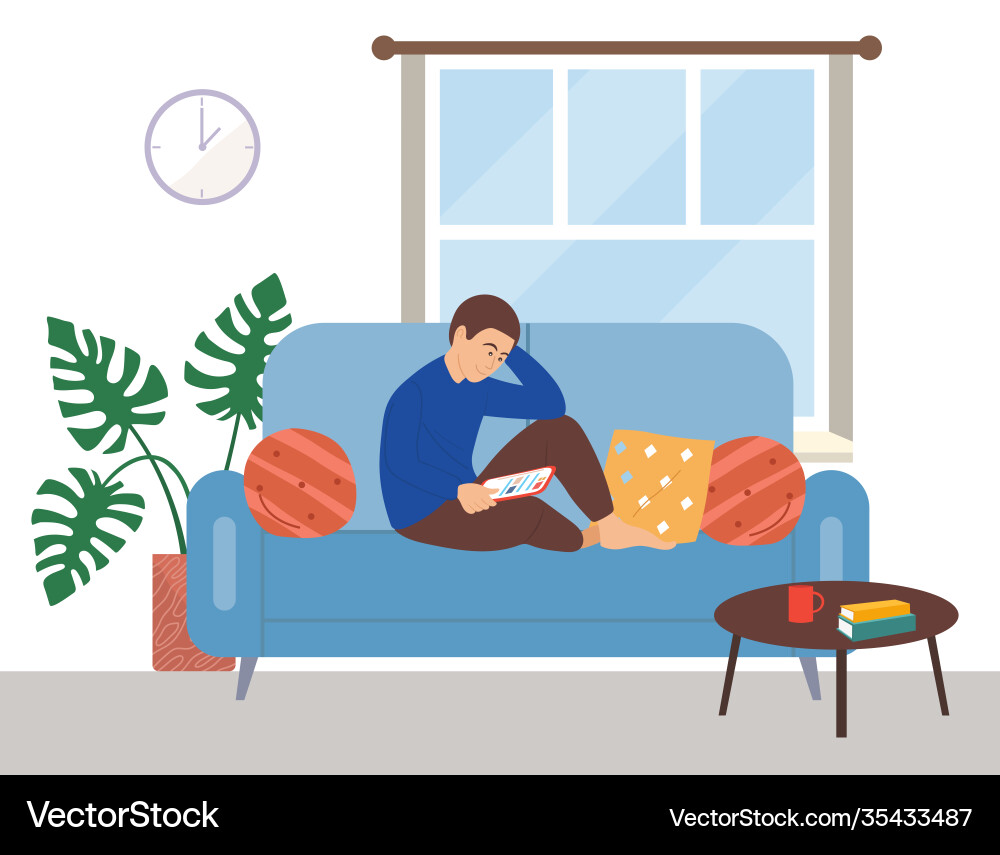 Man Using Tablet on Couch Vector Image