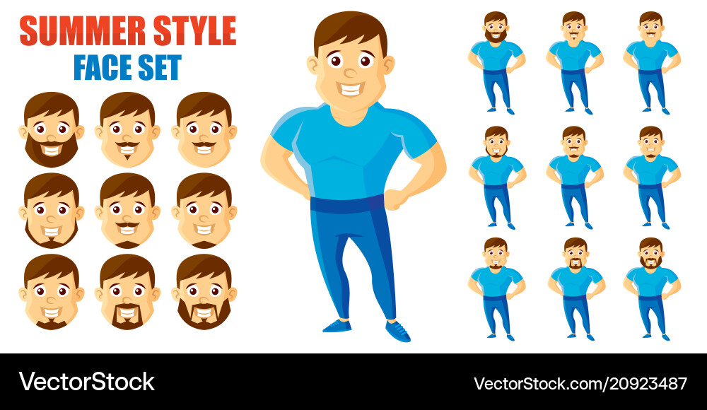Summer style man face set cartoon character Summer style man face set cartoon character vector image