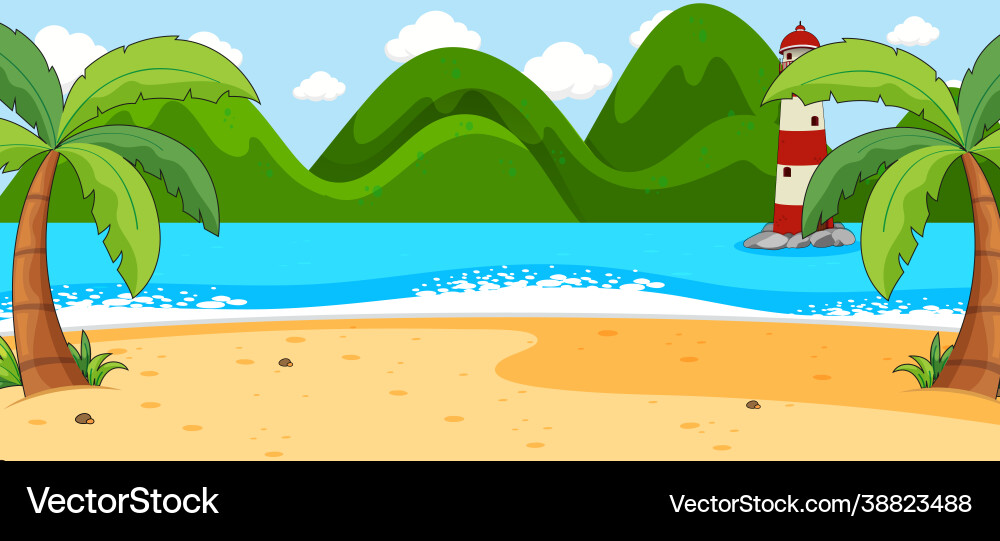 Empty beach scene with coconut trees and mountain Vector Image