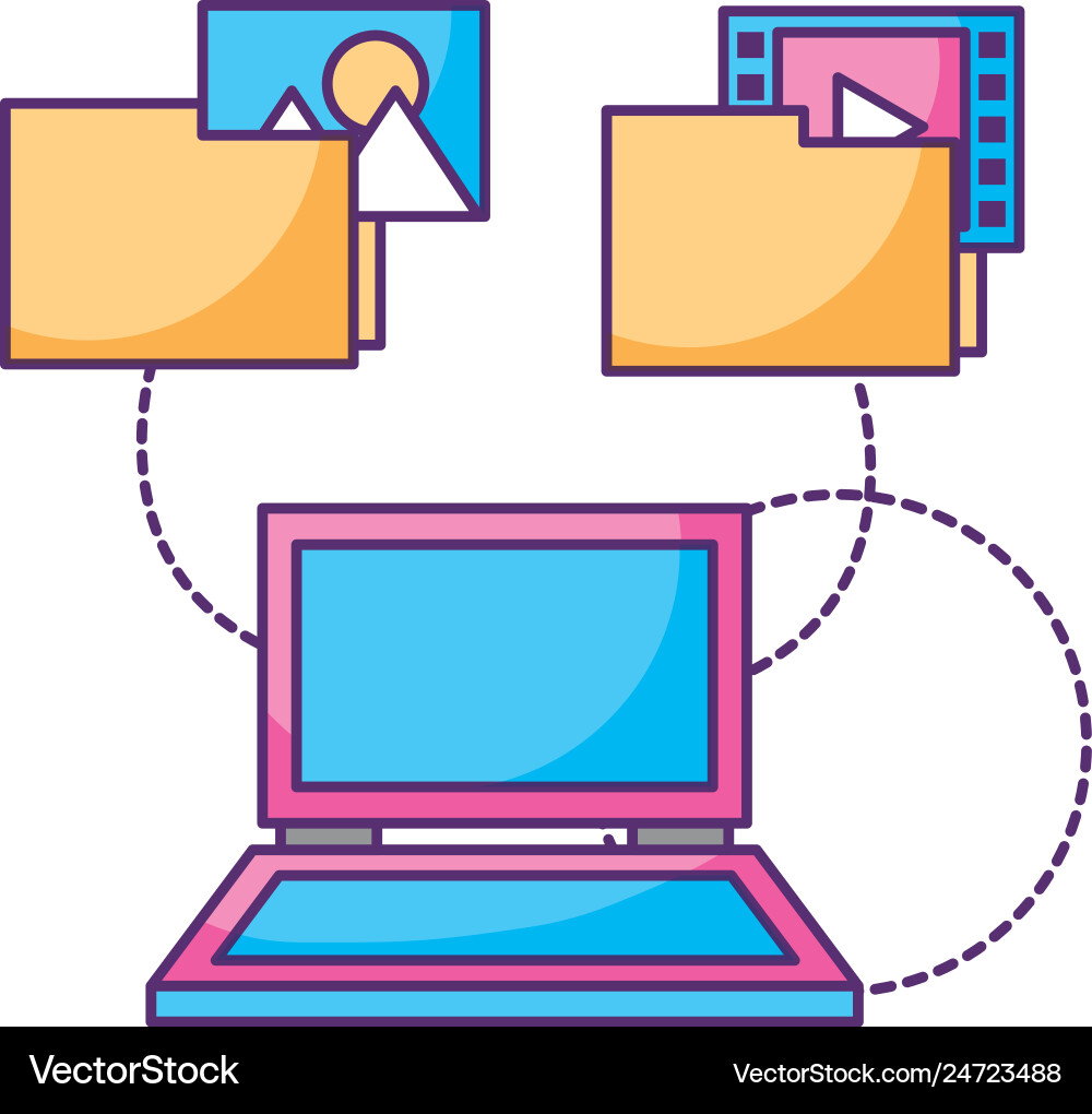 Laptop computer folder files photo video data Vector Image