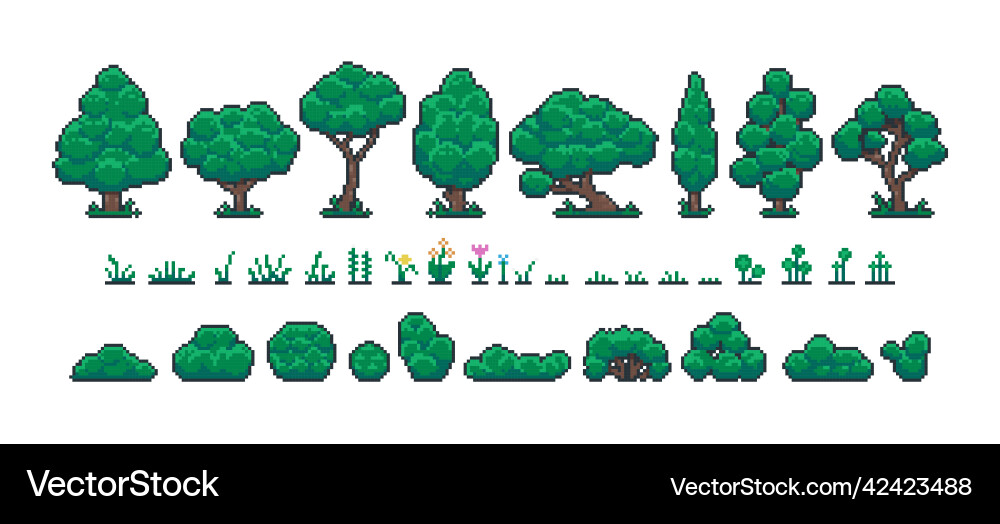 Pixel forest set retro 8 bit video game ui vector image