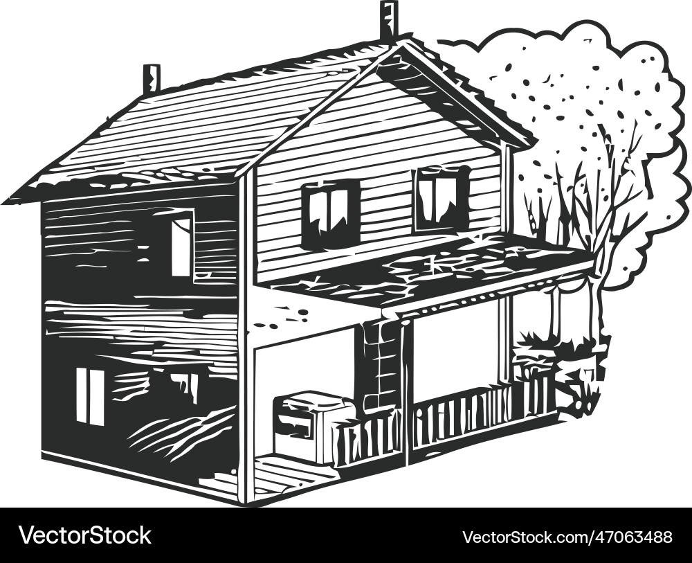 Rustic cottage design sketch with tree Vector Image