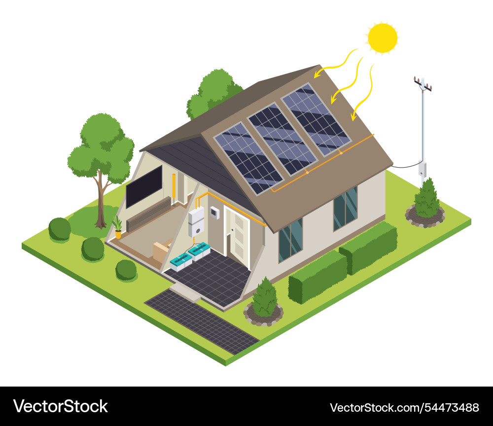 Solar Cell Home Isometric Renewable Energy Model Vector Image