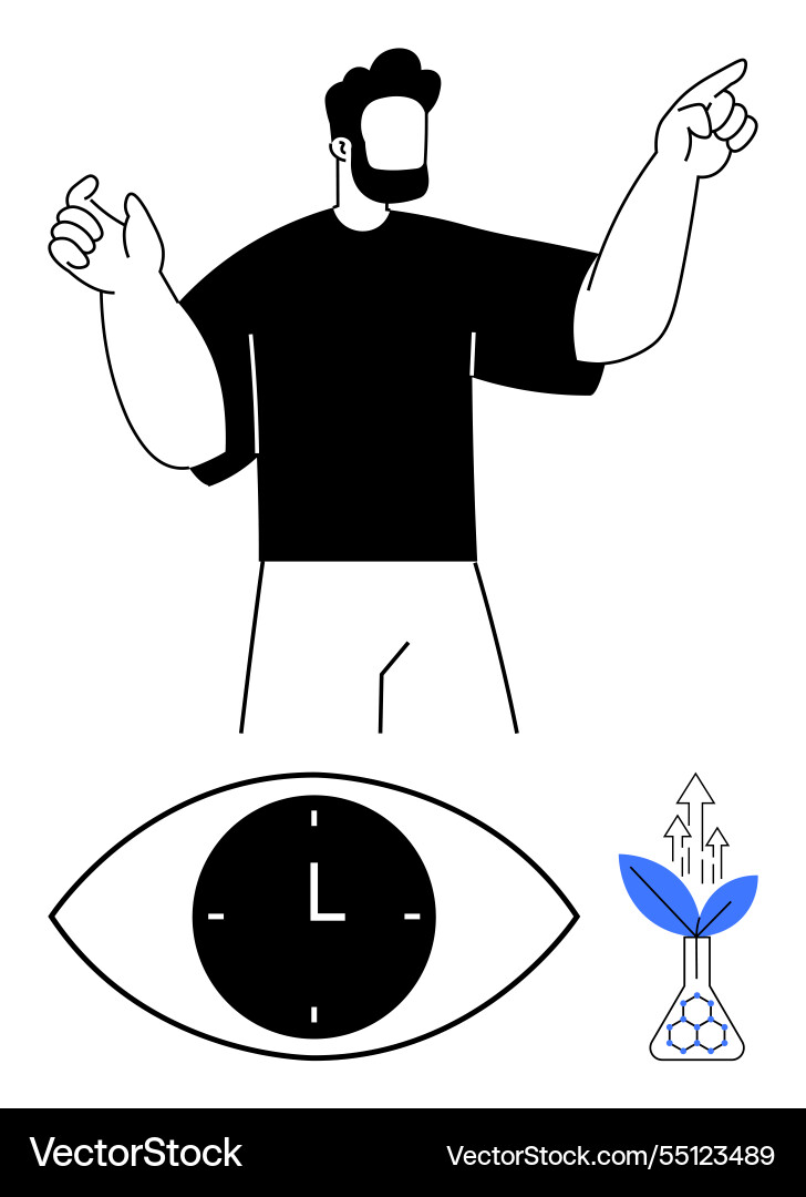 Man gesturing upward with clock inside an eye Vector Image