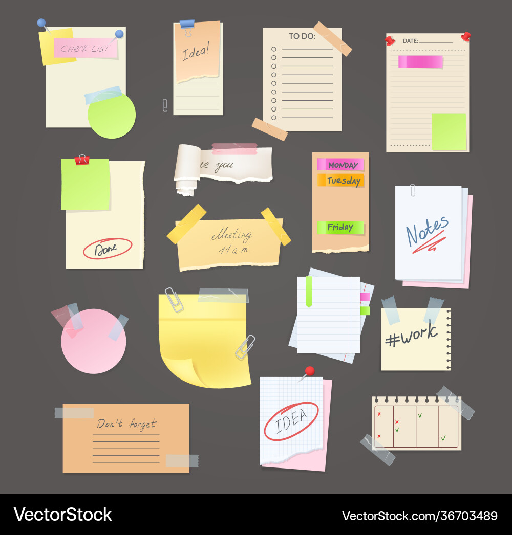 Paper notes on stickers reminders notepads memo Paper notes on stickers reminders notepads memo vector image