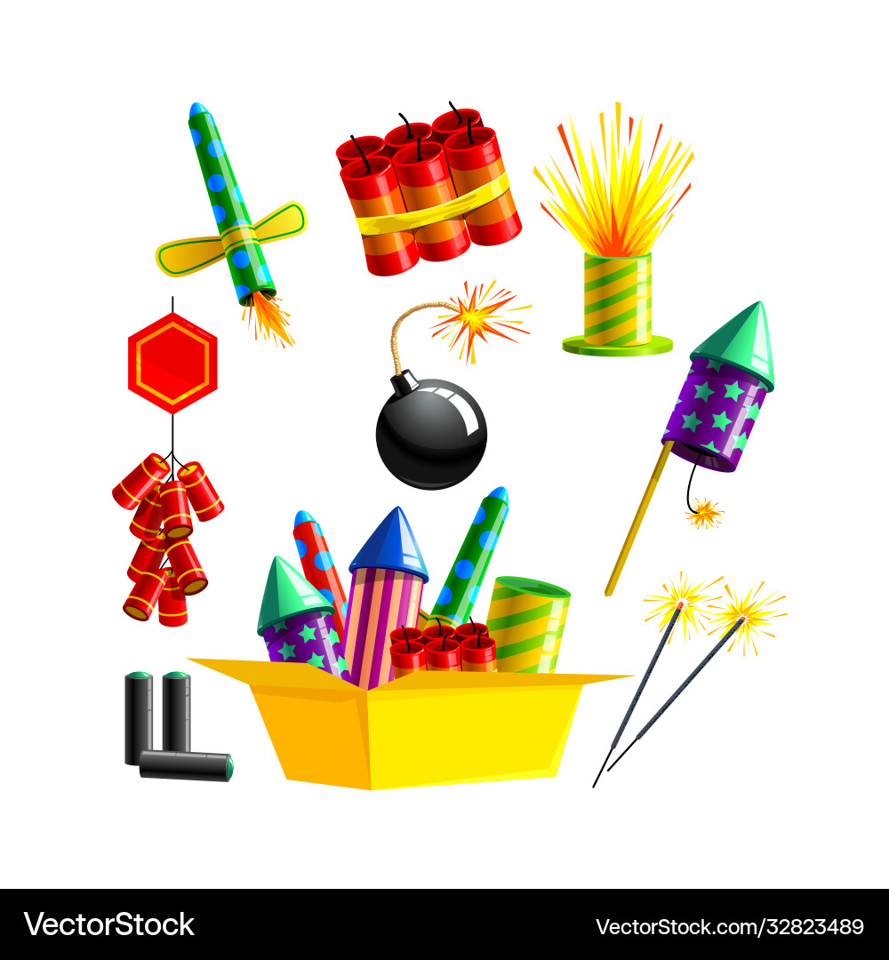 Set pyrotechnics and fireworks rocket flapper Set pyrotechnics and fireworks rocket flapper vector image