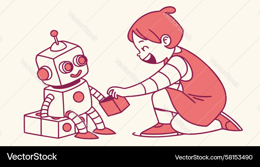 Child Playing with a Red Robot Vector Image