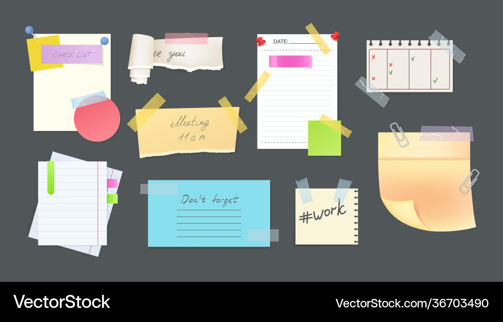 Paper notes on stickers reminders notepads memo Paper notes on stickers reminders notepads memo vector image