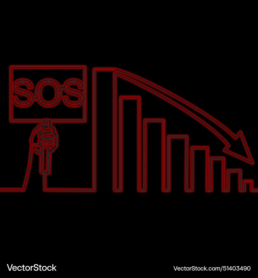 Red arrow graph drop down neon concept vector image