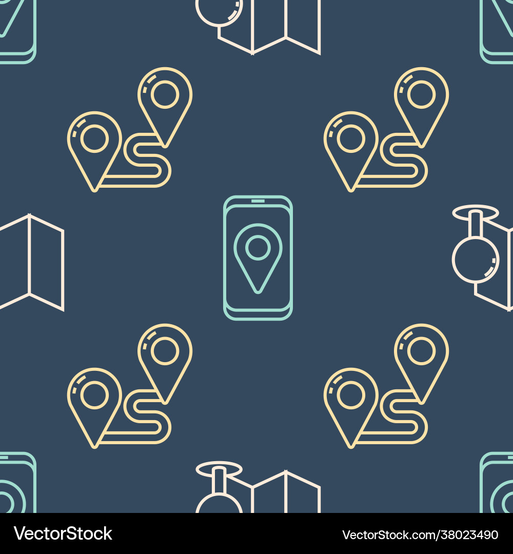Set line folded map with push pin route location Set line folded map with push pin route location vector image