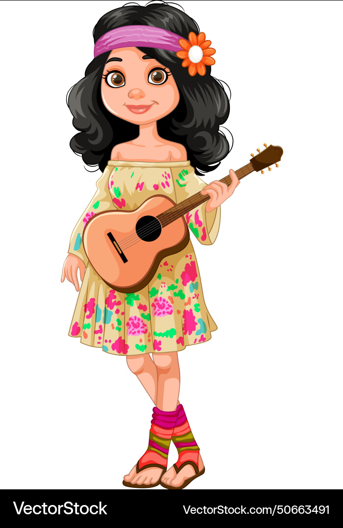 Cartoon Mädchen mit Gitarre in Boho Style Kleid Cartoon Mädchen mit Gitarre in Boho Style Kleid vektorbild