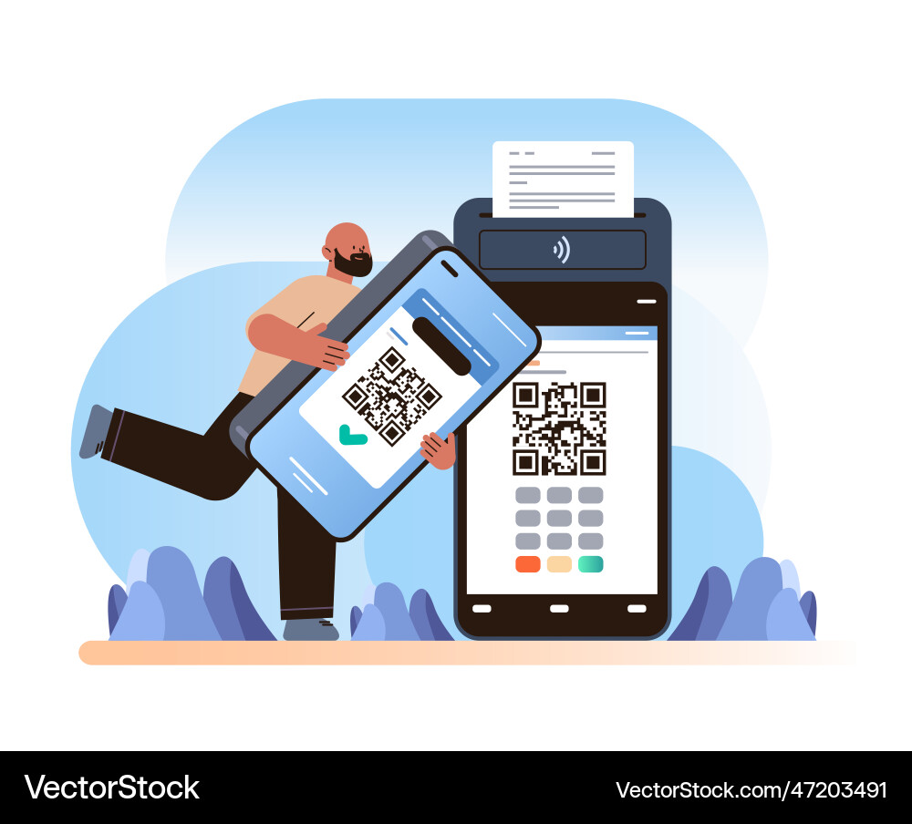 Man customer or shopper using mobile app with qr Man customer or shopper using mobile app with qr vector image