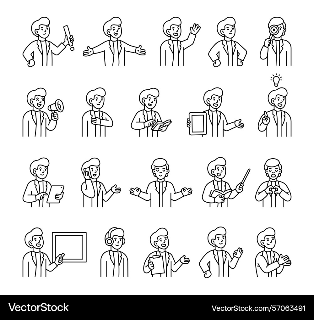 Man guide character set with hands books signs Man guide character set with hands books signs vector image