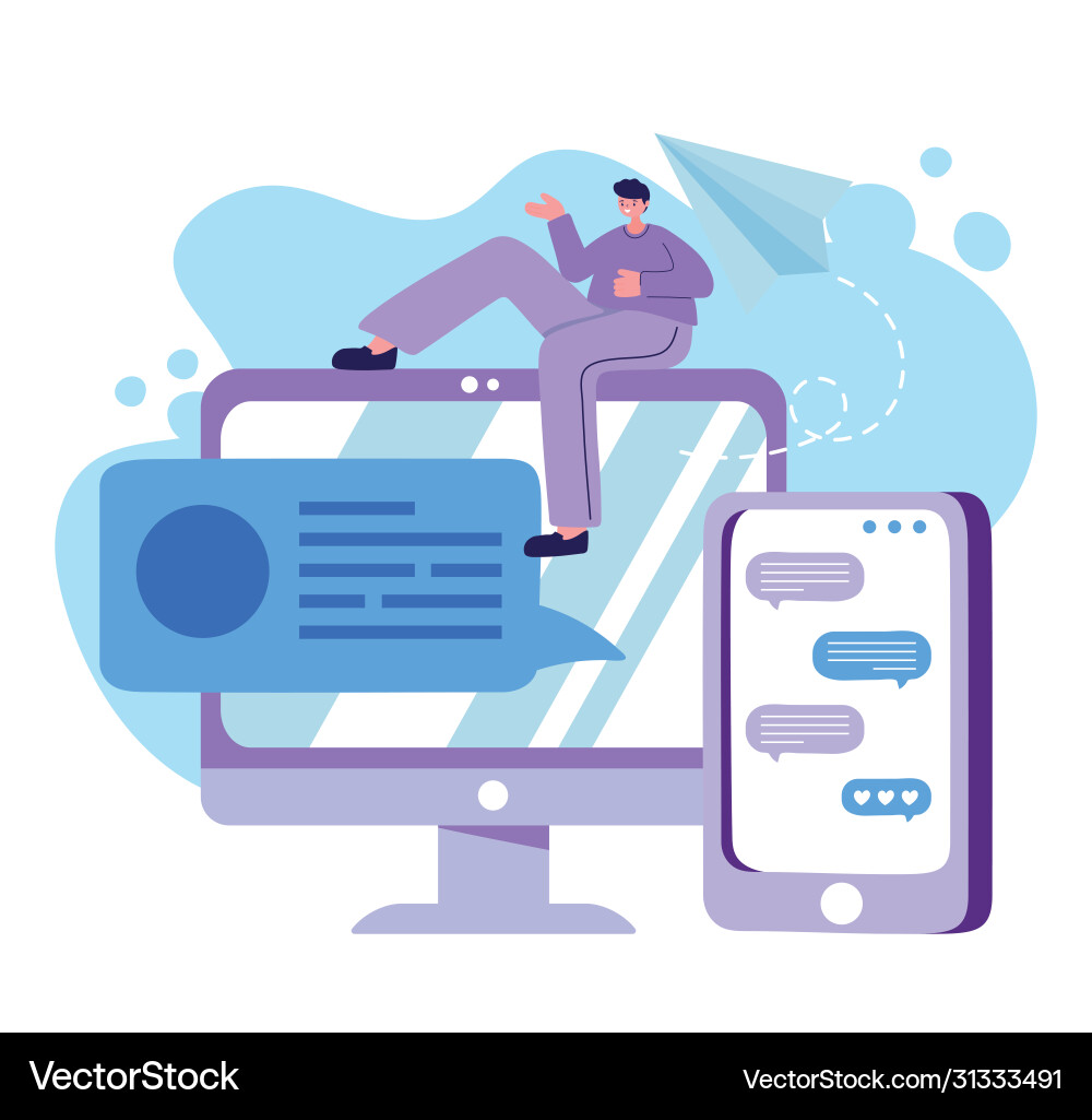 Man with smartphone and computer chatting Vector Image