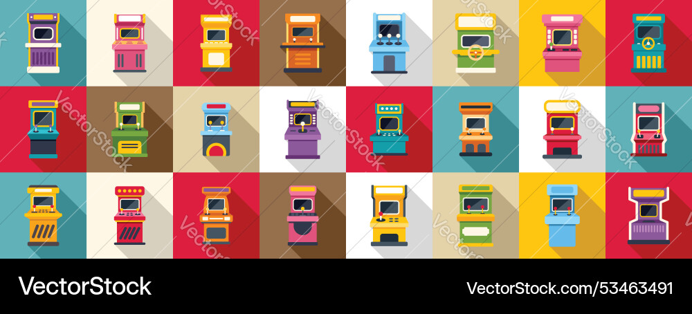 Retro arcade video game screen machine icons set vector image