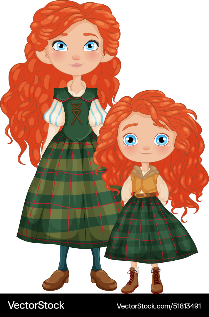 Two red-haired characters in green plaid dresses  Royalty-Free Vector |  VectorStock