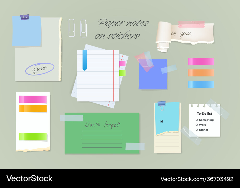 Paper notes on stickers reminders notepads memo Paper notes on stickers reminders notepads memo vector image