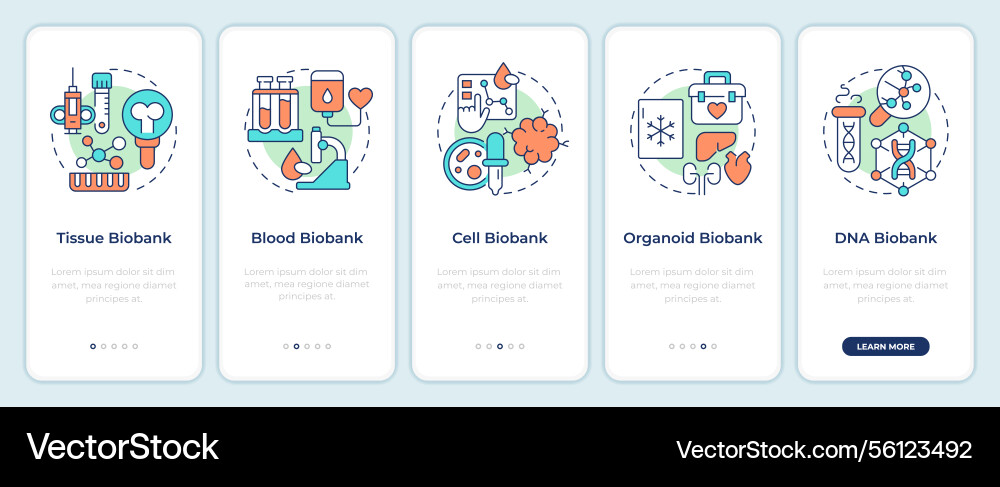 Types of biobanks onboarding mobile app screen vector image