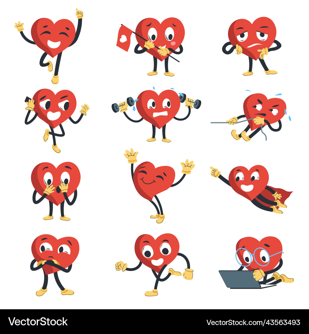 Heart character cheering exercising and working Heart character cheering exercising and working vector image