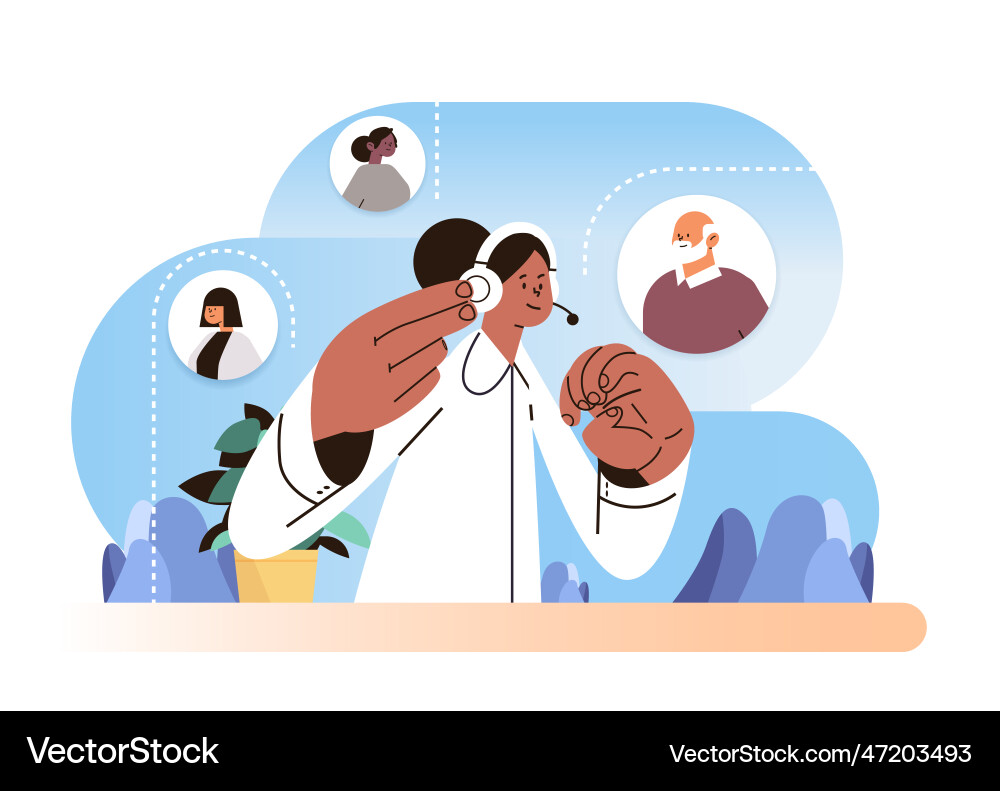 Operator with headset chatting clients call Operator with headset chatting clients call vector image