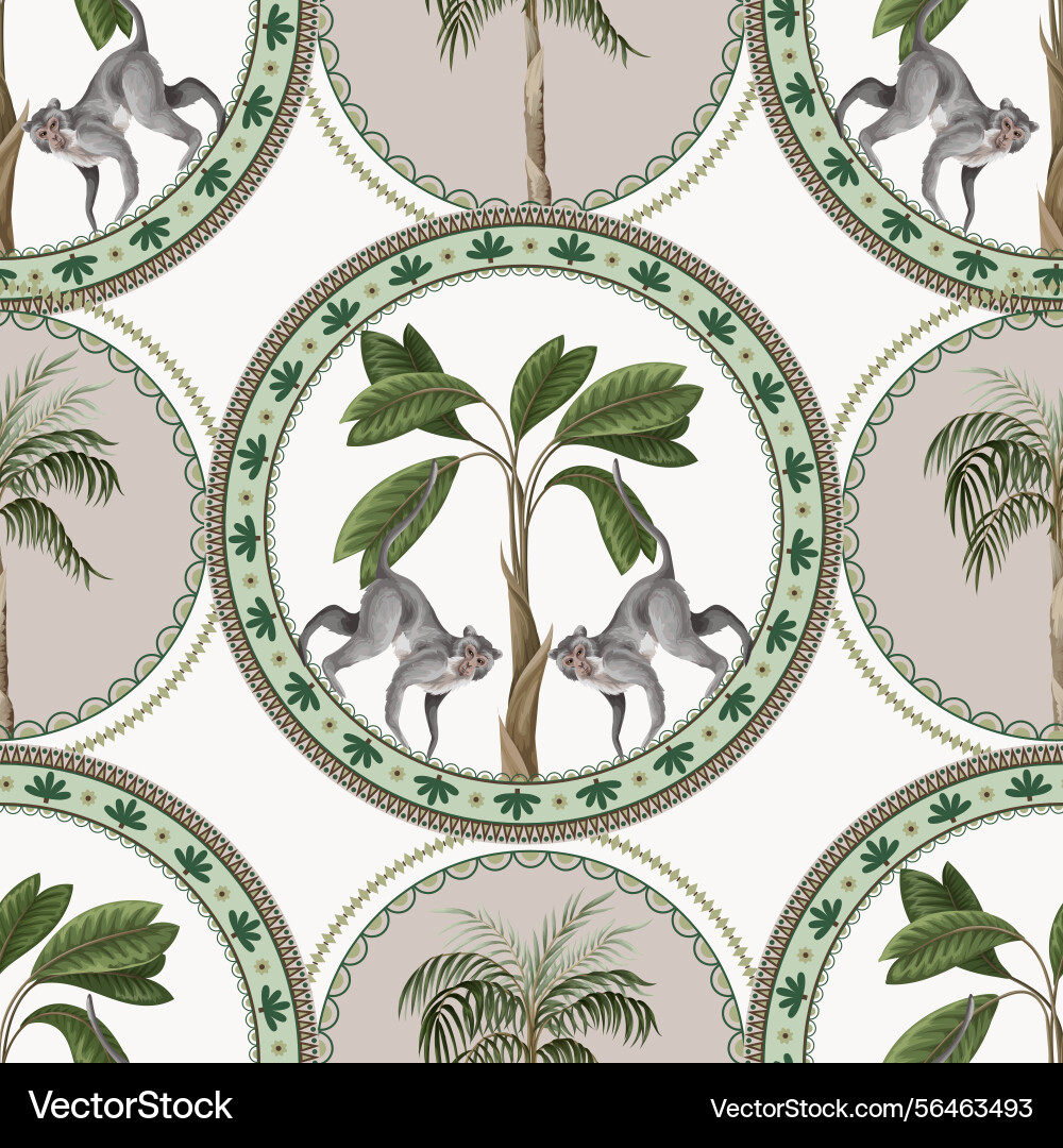Seamless pattern with ornamental circle monkeys Seamless pattern with ornamental circle monkeys vector image