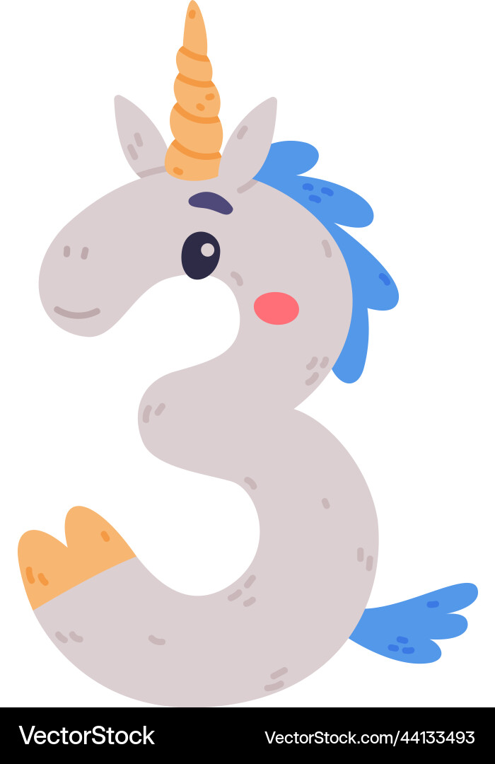 Unicorn cute number three or numeral with smiling Unicorn cute number three or numeral with smiling vector image