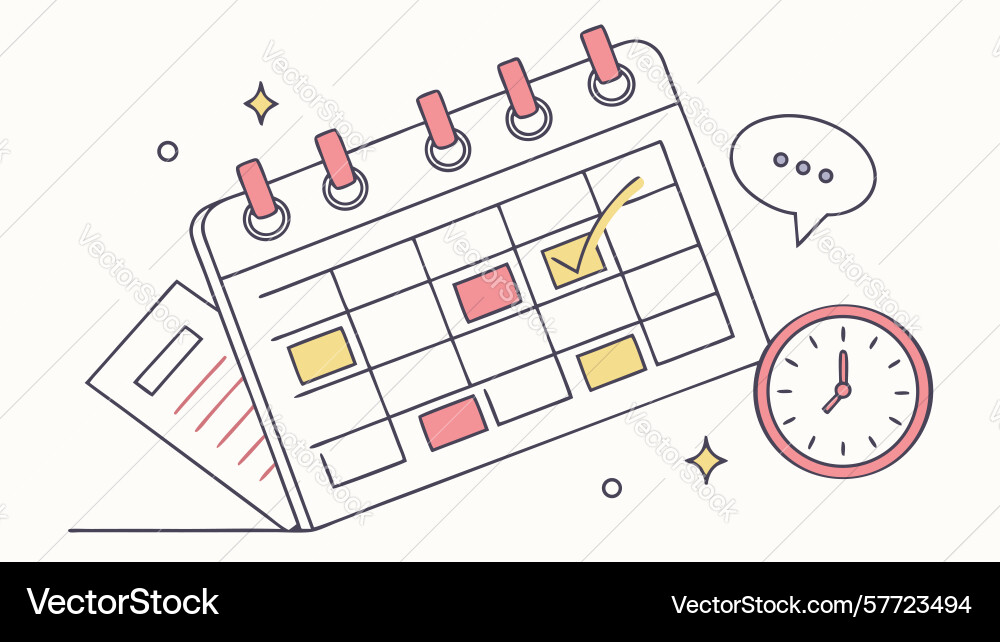 Calendar with checked date and clock time vector image