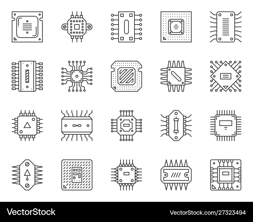 Microchip Line Icons - CPU & Circuit vector image