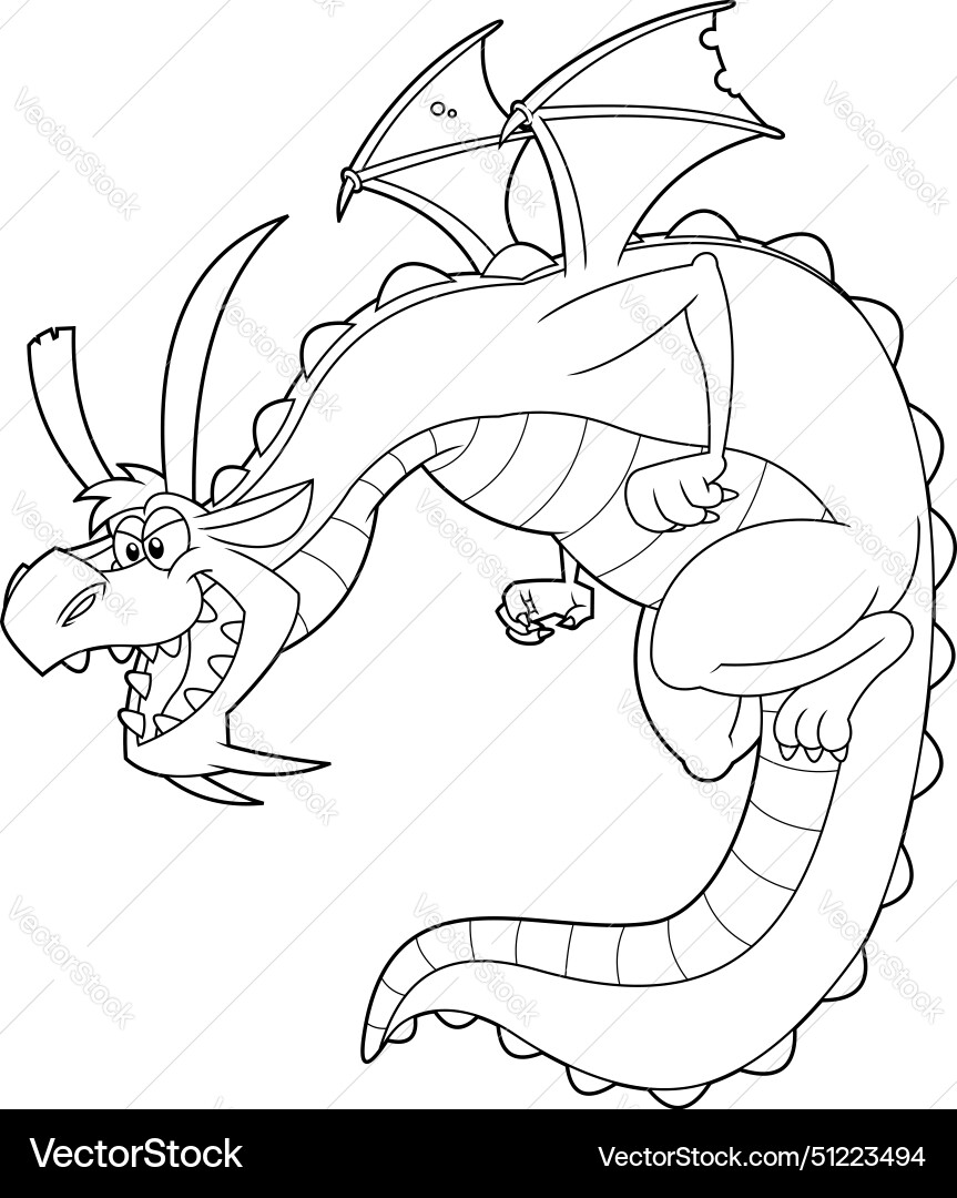 Outlined angry dragon cartoon character flying Outlined angry dragon cartoon character flying vector image