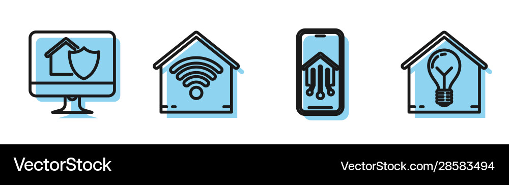 Set line mobile phone with smart home computer Set line mobile phone with smart home computer Vector Image