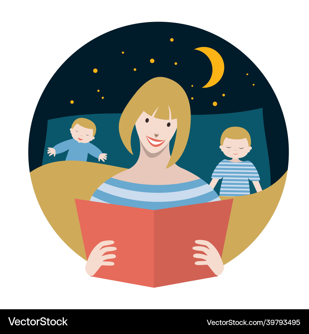 Mutter las Märchenbuch zu ihren Söhnen Mutter las Märchenbuch zu ihren Söhnen vektorbild
