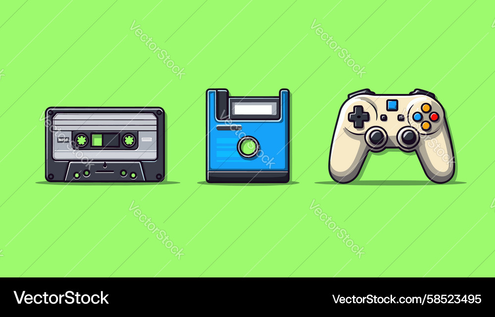 Retro Gaming Icons: Cassette, Disk & Controller Vector Image