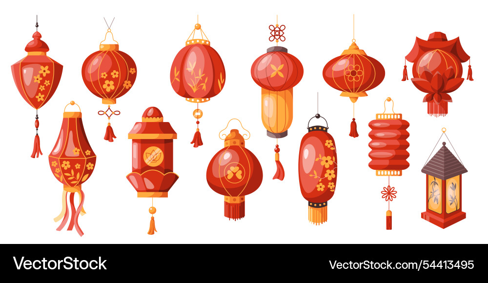 Vibrant red asian lanterns decor flat color Vibrant red asian lanterns decor flat color vector image