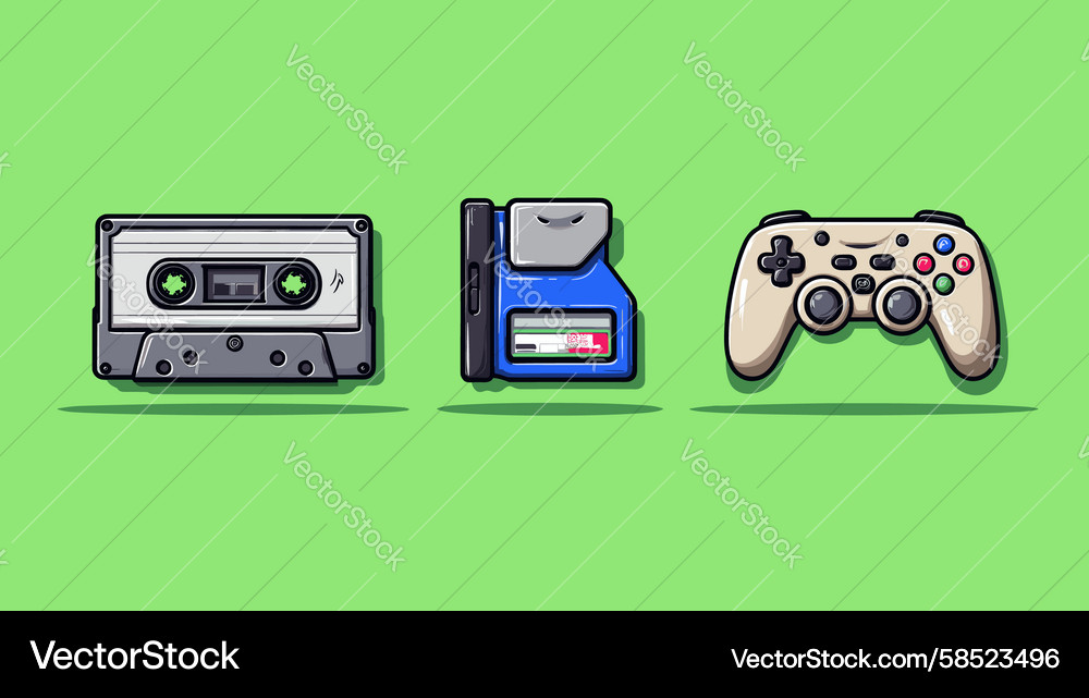 Retro Tech Icons - Cassette, Disk, Controller Vector Image