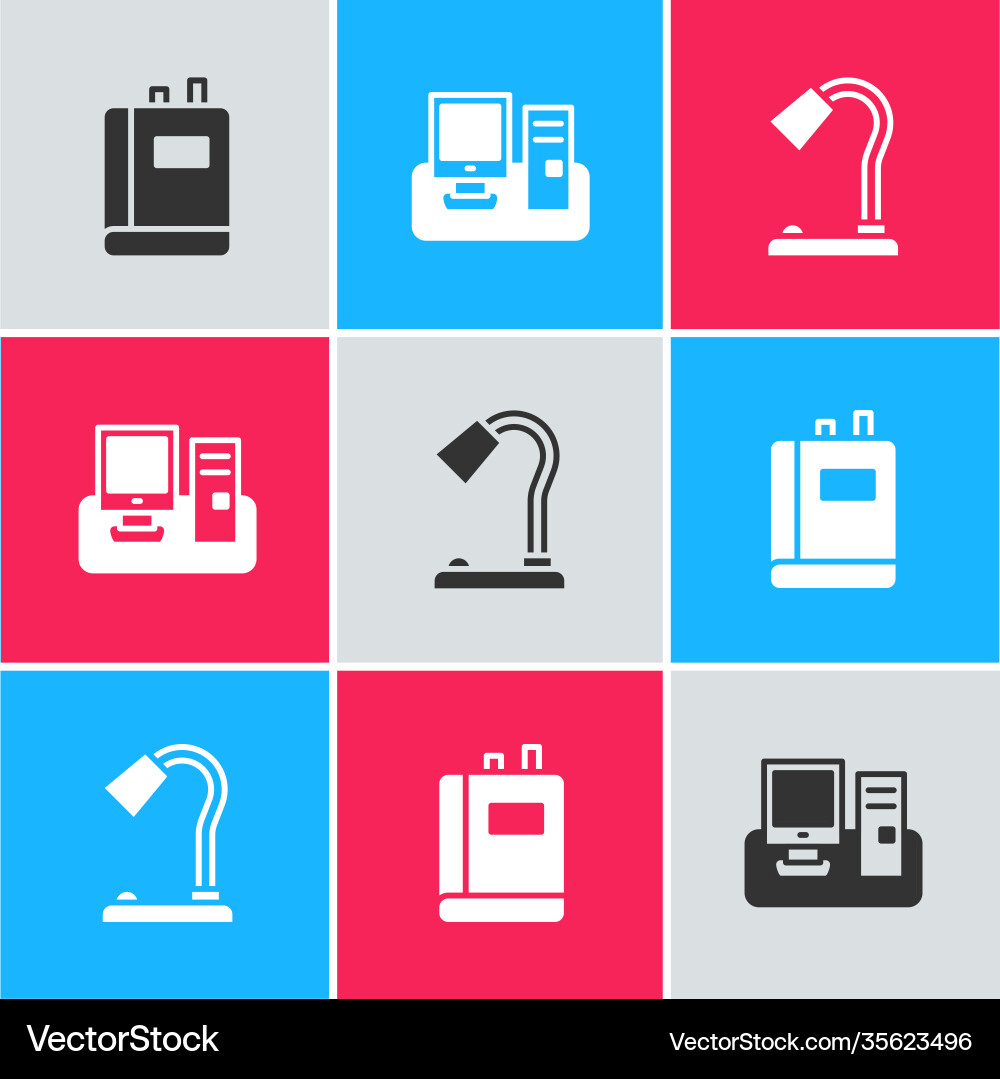 Set book monitor with keyboard and table lamp Set book monitor with keyboard and table lamp vector image