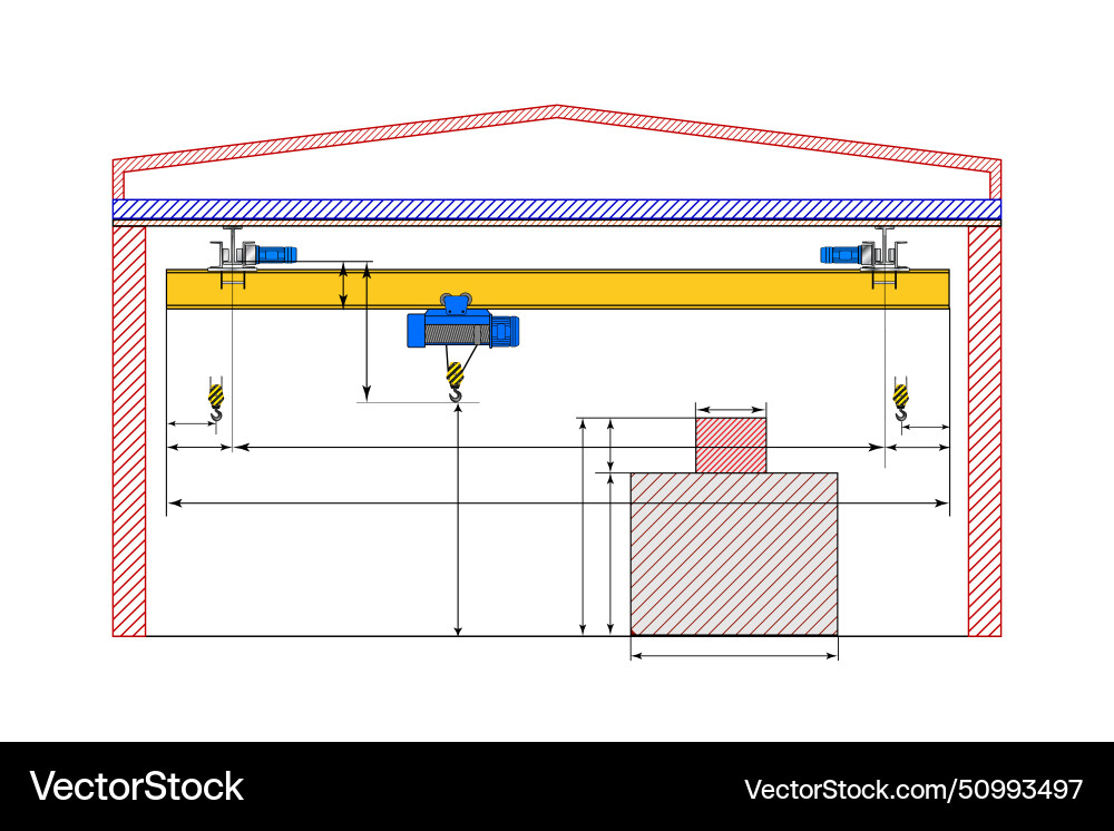 Overhead crane sketch with dimensions dimensional Vector Image