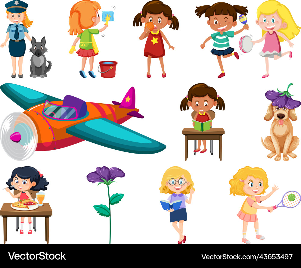 Set of different cute kids and objects Set of different cute kids and objects vector image
