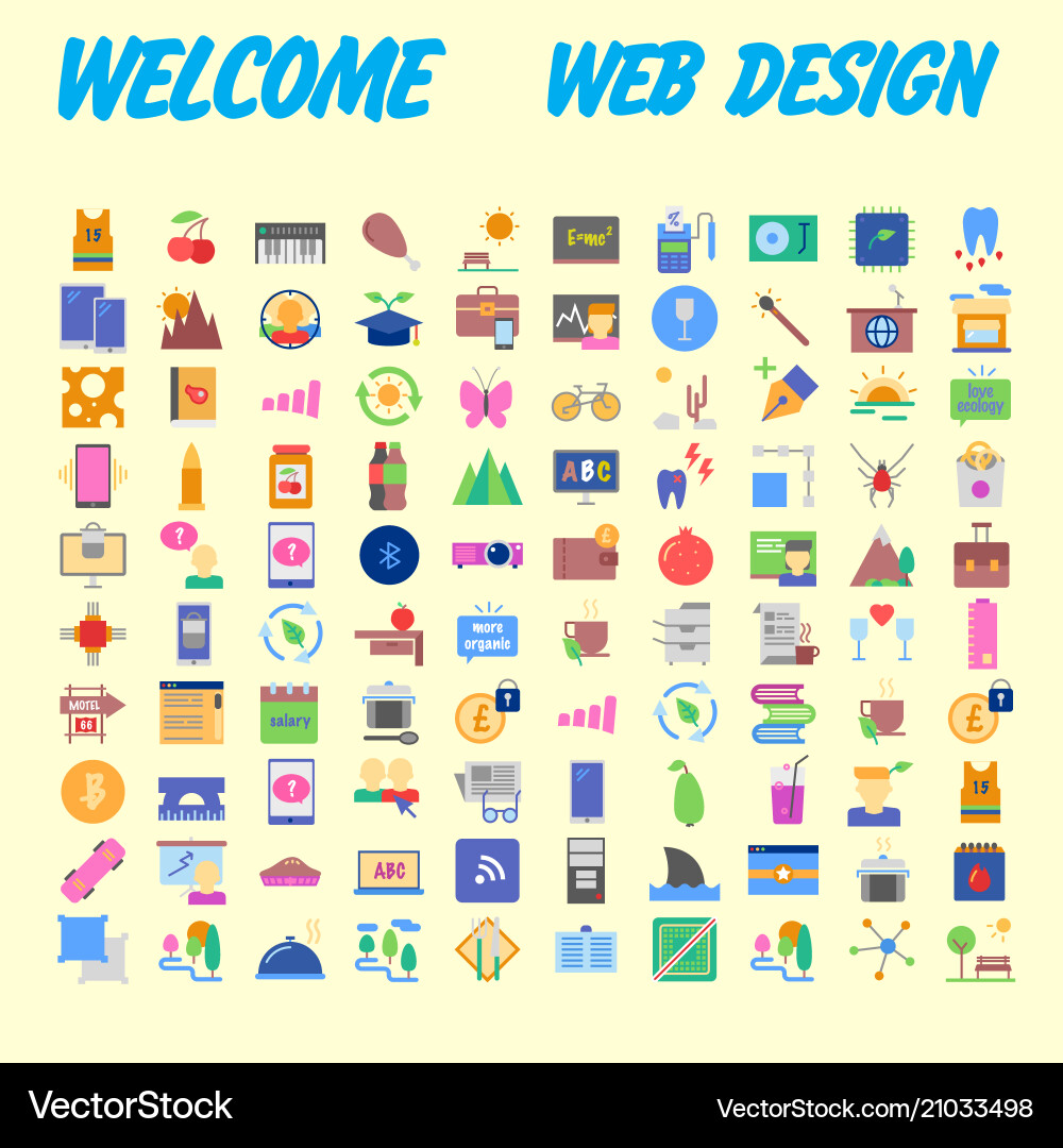 Set of 100 flat web icons on following themes Set of 100 flat web icons on following themes vector image
