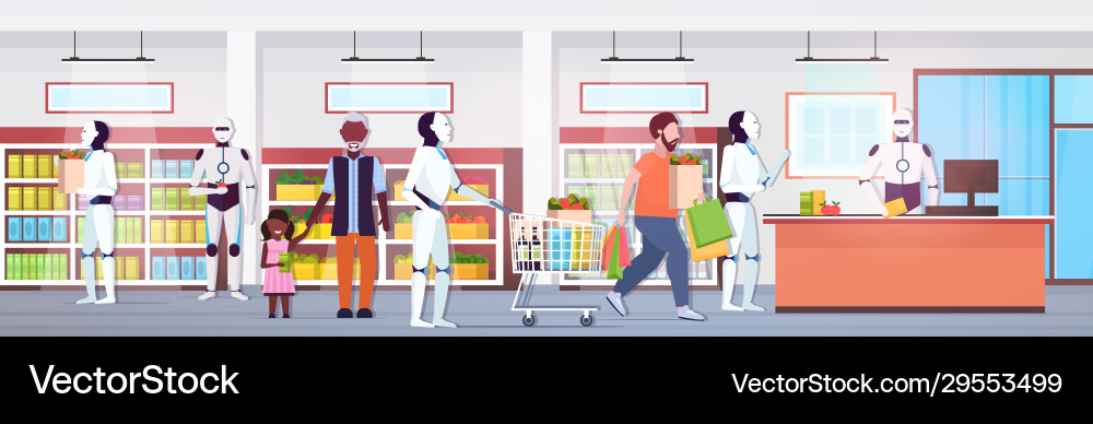 Robots and people standing line queue to robotic Vector Image