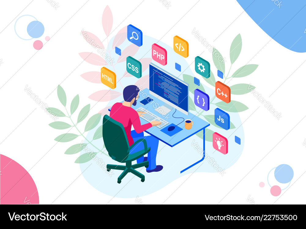 Isometric developing programming and coding Vector Image