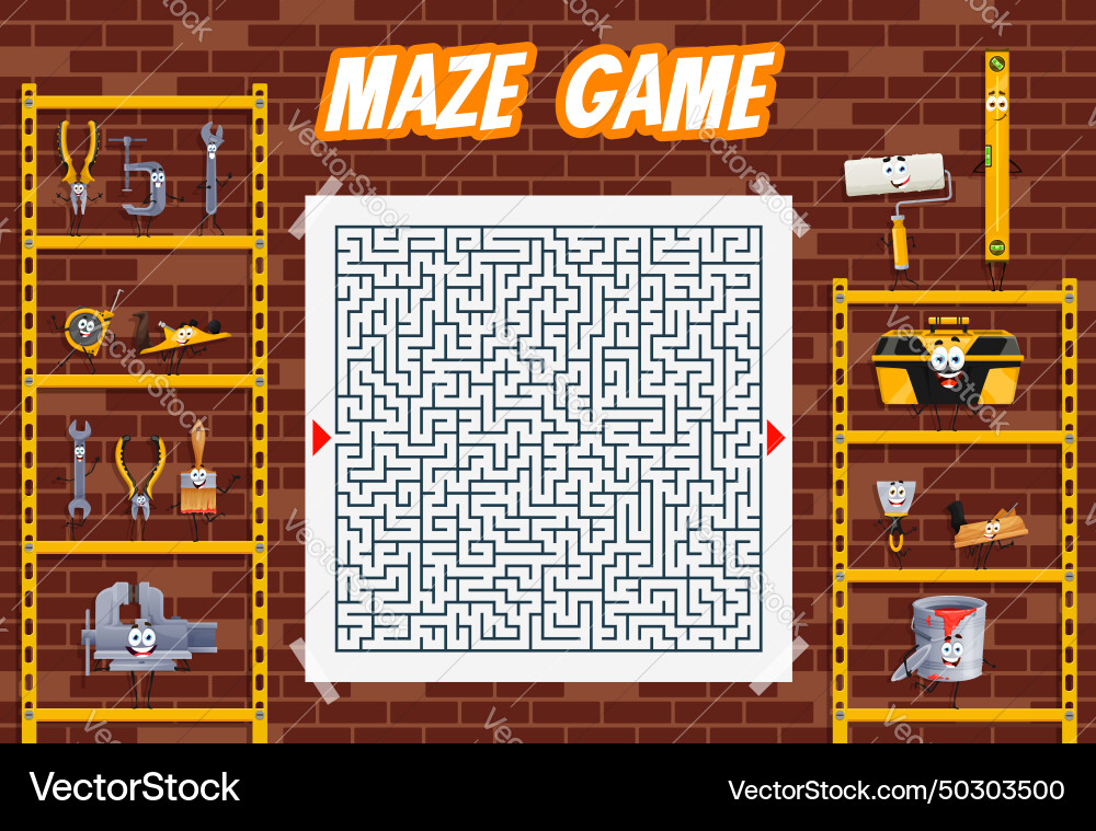 Kids labyrinth maze quiz game cartoon diy tools Kids labyrinth maze quiz game cartoon diy tools vector image