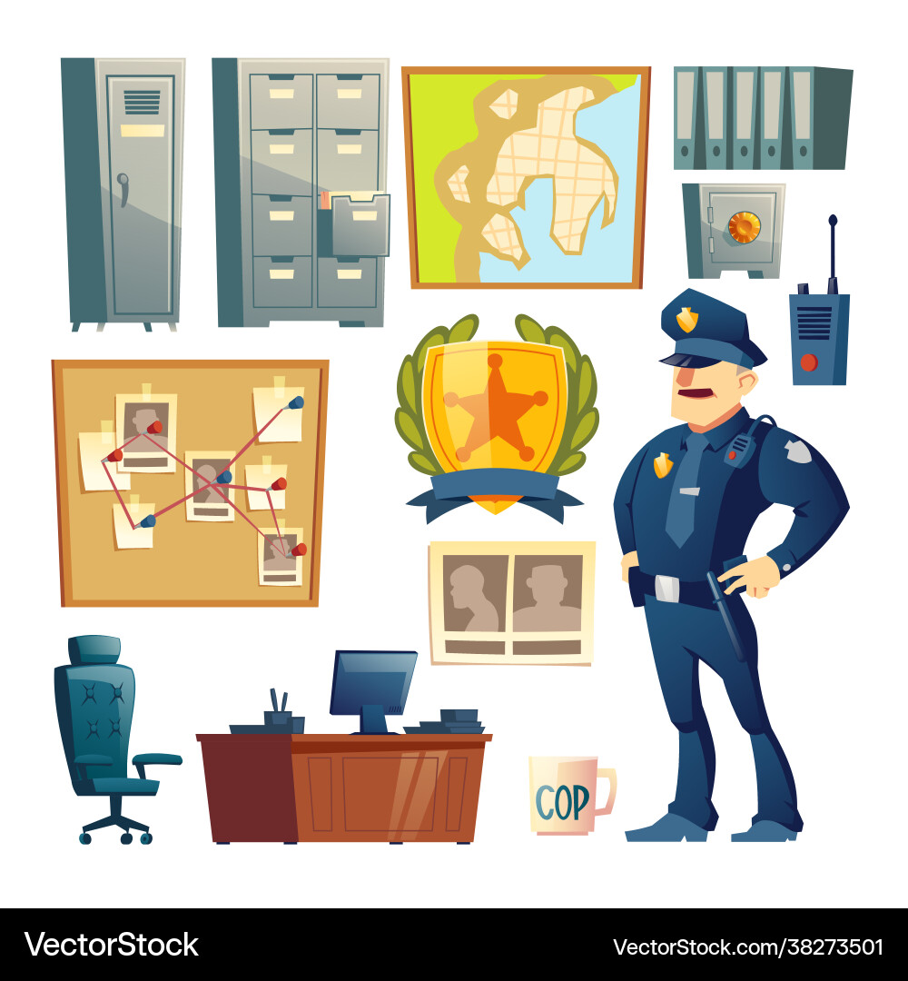 Polizeistation Innenelement Cartoon Set Polizeistation Innenelement Cartoon Set vektorbild