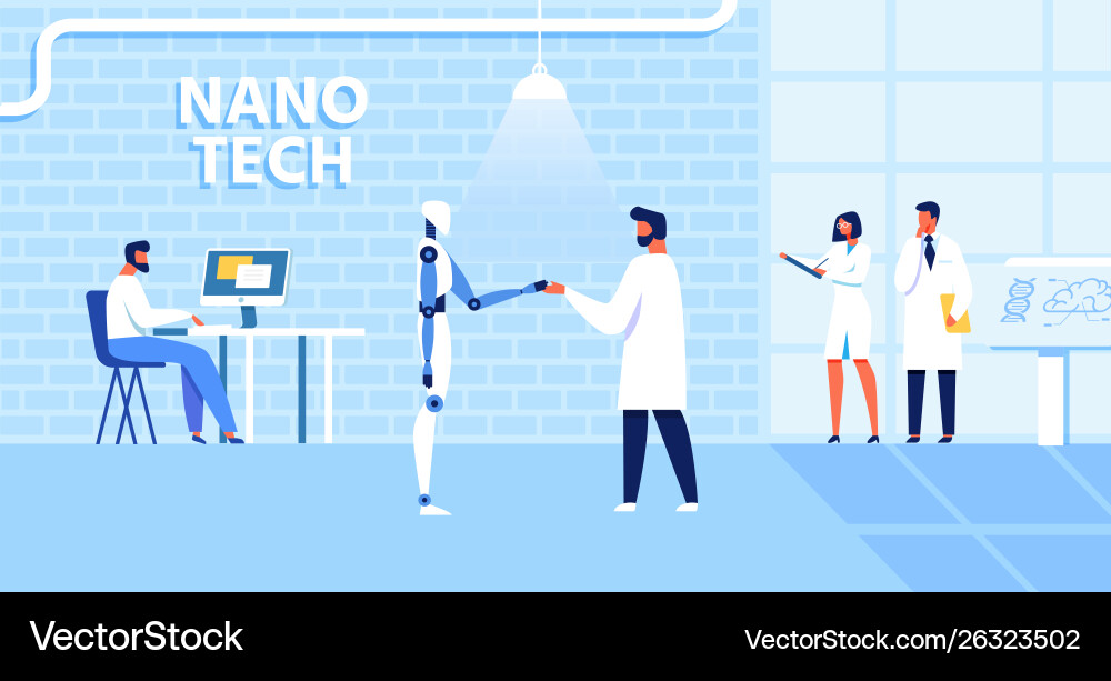 Cartoon nano tech lab with working scientists Vector Image