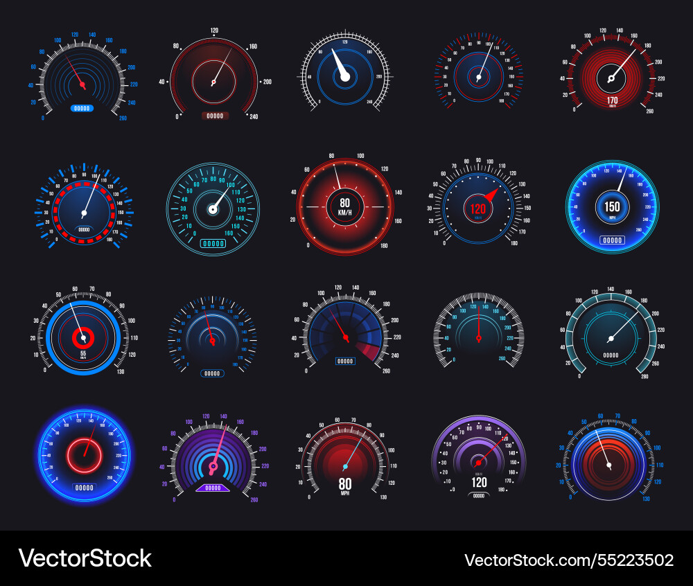 Set of speedometers and tachometers with different Set of speedometers and tachometers with different vector image